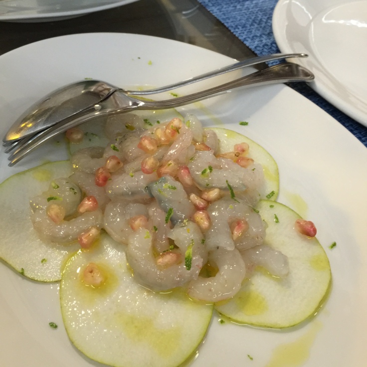 Raw prawns with pear and pomegranate. Who thinks of these yummy combos? They deserve a prize. 